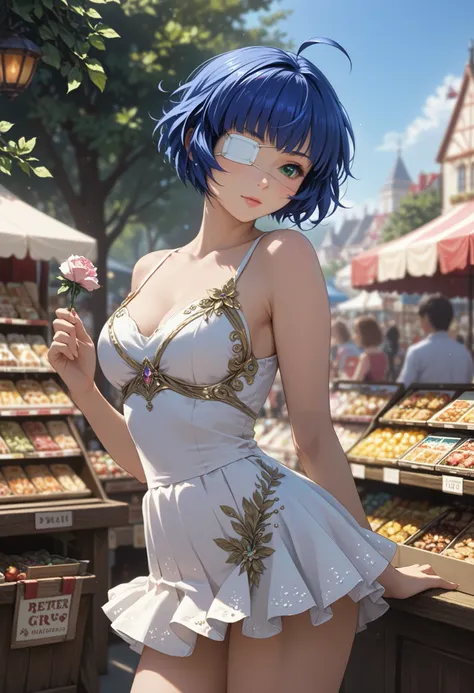 score_9, score_8_up, score_7_up, 1girl, solo, beautiful waifu, (ryomou shimei, ahoge, short hair, blue hair, medical eyepatch, green eye:1.2), detailed eye, detailed face, flirt, looking at viewer, (short skirt, tight blouse, blouse tucked in:1.1), elegant...