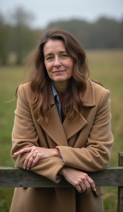 A 38-year-old woman in a wool coat, leaning on a wooden fence in a meadow.