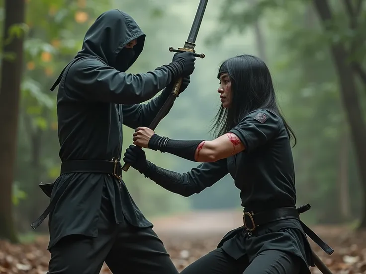  CREATE A REAL IMAGE, with human features, ABOUT THIS DESCRIPTION:  a mysterious woman , with Indonesian traits , wearing a ninja suit ,  but her face is bare ,  fights a tall, strong man in brutal combat.  She is unarmed and wounded with a cut on her arm,...