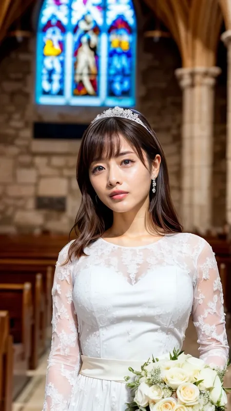 A beautiful young Japanese woman, 26 years old, with healthy thighs, beautiful legs, flawless skin, random hair color and style, large breasts, wearing a (wedding dress:1.3), (she is standing:1.2), full body shot, high heels, holding a bouquet in her hands...