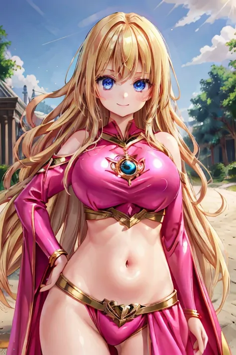 1girl, best quality, looking at viewer, kawaii, shiny skin, shiny clothes, pink costume, crop top, veritical navel, bare stomaccloak, huge breasts, long hair, wavy hair, blonde hair, blue eyes, smile, hand on own hip, closed mouth, outdoors,  