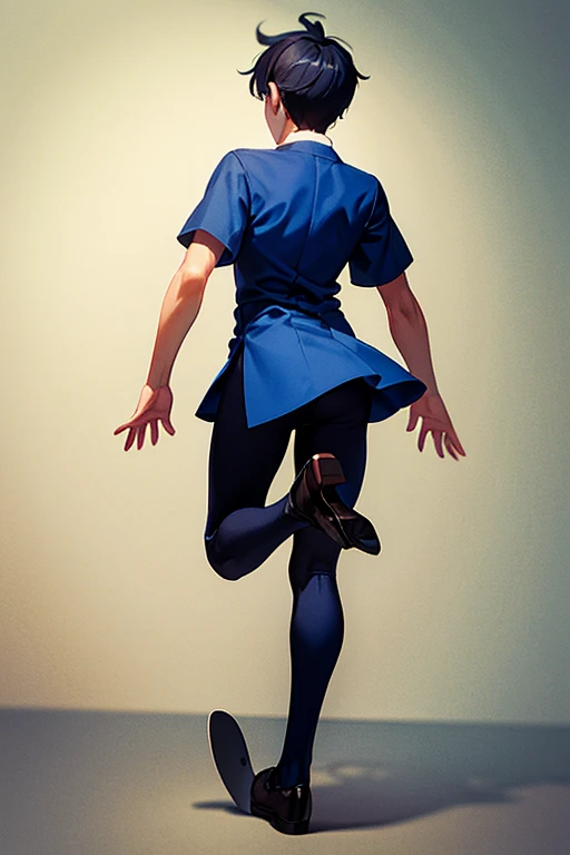 teenage boy wearing plain navy blue tunic and spats, back view, (beautiful detail eyes), (soft+cute), ((best quality)), ((masterpiece))