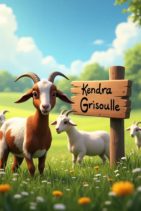 Des chèvres réalistes dans une prairie. une des chèvres est brune et blanche. Il y a une pancarte en bois avec écrit KENDRA GRISOUILLE