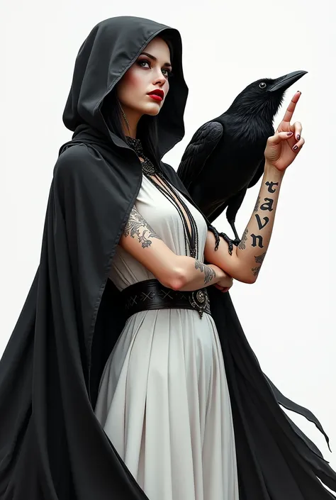  Woman with a penetrating look and red lips she wears a black cape with a hood her dress is white she wears a belt around her waist, her arms have tattoos that say  "ravn"  a crow accompanies her she points with one hand to the sky  