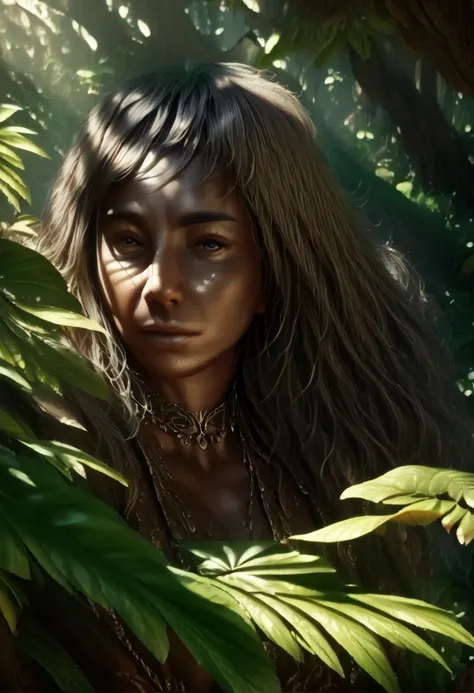 a busty tribal woman, detailed face, extremely detailed eyes and face, long eyelashes, detailed hair, dinosaurs, prehistoric landscape, lush foliage, natural light, vibrant colors, dramatic shadows, cinematic composition, (best quality,4k,8k,highres,master...