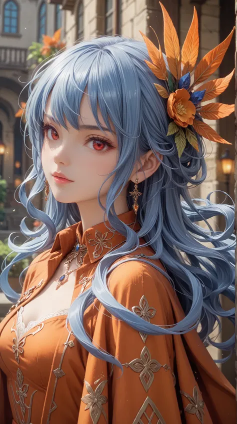    score_9,    score_8_up,    score_7_up, 1 woman,、 Blue Hair、  red eyes、collared dress、Orange clothes、cloak,8k,fantasy