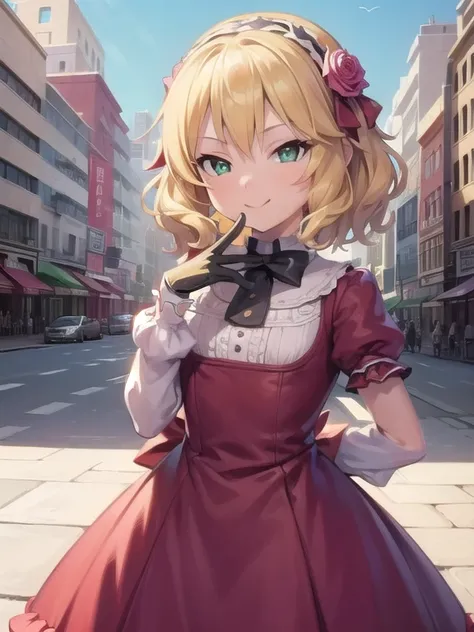 (  Masterpiece  ,  top quality:1.2), Illustration, ( 1 girl ,Alone),   viewers,  sunny day,  shining sunlight , city
, short blonde hair, Green Eyes, hair, smile, , wavy hair, hairband, flower, hair ornament, bow, gem,  Rose
,  dress, frills,  gloves 
,  e...