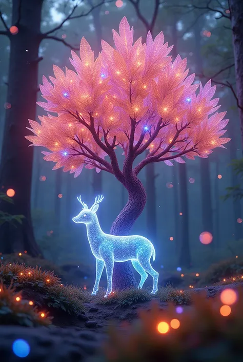 (photorealism:1.2), a mysterious  animals near the tree...closeup of animal...shinnig with stars and crystal..Create a stunning and surreal scene featuring a glowing crystal tree in a magical forest at sunset. The tree has vibrant, multicolored leaves that...