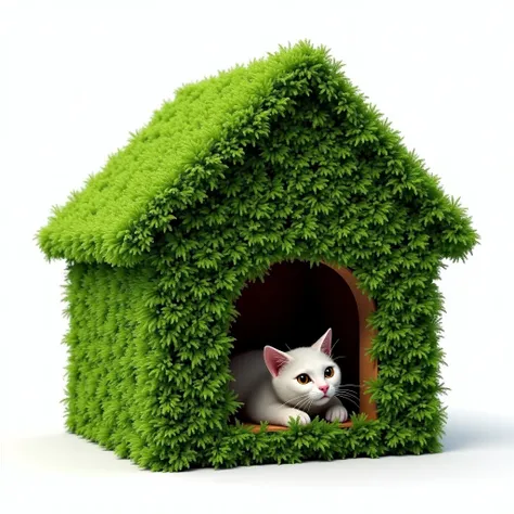 a figure of a green garden bush with a smooth irregular surface, constituting a cat house with an entrance to the interior, inside the house in the design of the bush there is a cat with a sense of freedom. the whole is on a white background.