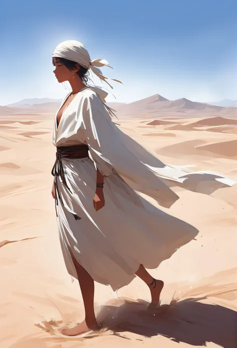 (masterpiece, best quality:1.2), 1 girl, alone, Lonely Traveler, tanned skin, desert, scorching heat, sweat, desert clothes, fully wrapped, sand, walking, sun shining down, head wrapped