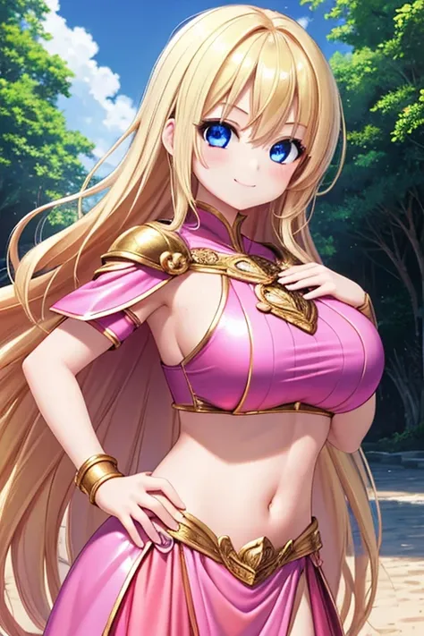 1girl, best quality, looking at viewer, kawaii, shiny skin, shiny clothes, pink costume, crop top, veritical navel, bare stomaccloak, huge breasts, long hair, wavy hair, blonde hair, blue eyes, smile, hand on own hip, closed mouth, outdoors,  