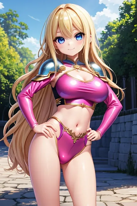 1girl, best quality, looking at viewer, kawaii, shiny skin, shiny clothes, pink costume, crop top, veritical navel, bare stomaccloak, huge breasts, long hair, wavy hair, blonde hair, blue eyes, smile, hand on own hip, closed mouth, outdoors,  