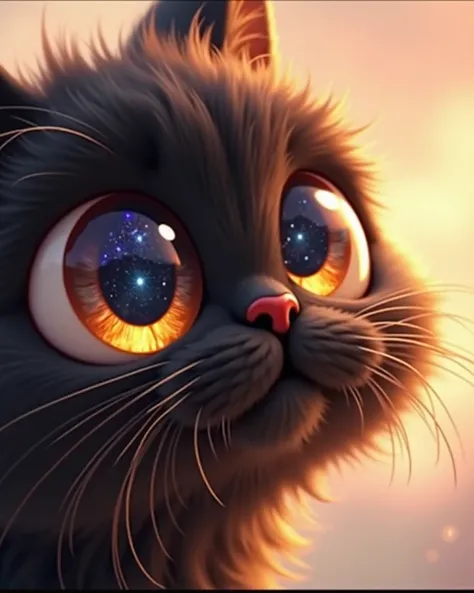 A fascinating close-up of a fluffy Siberian black cat with big eyes, clear detail of the coat and mustache ,  huge living reflective eyes that show space ,  stars and galaxies,  fantastic eyes , cosmic eyes,  realistic,  bizarre , masterpiece,unusually