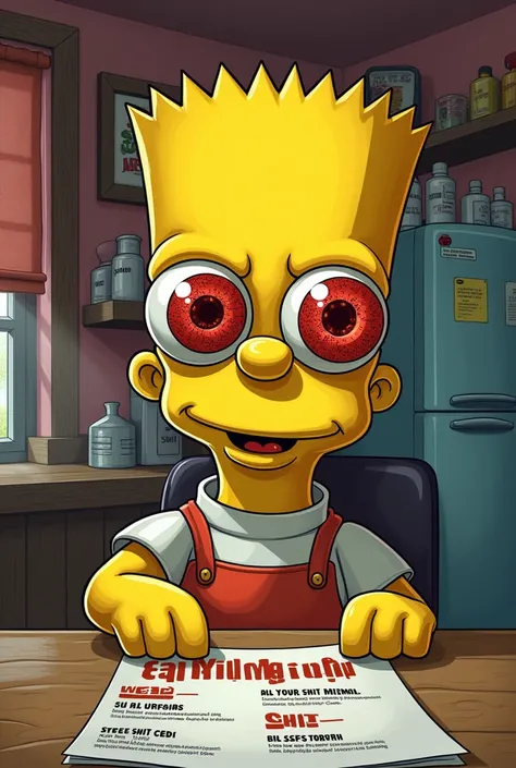 pdf of Bart Simpson with high red eyes with writing 
“Coffee shop” in title 
With writing 
All you can eat menu :
-weed
-shit
-cbd 