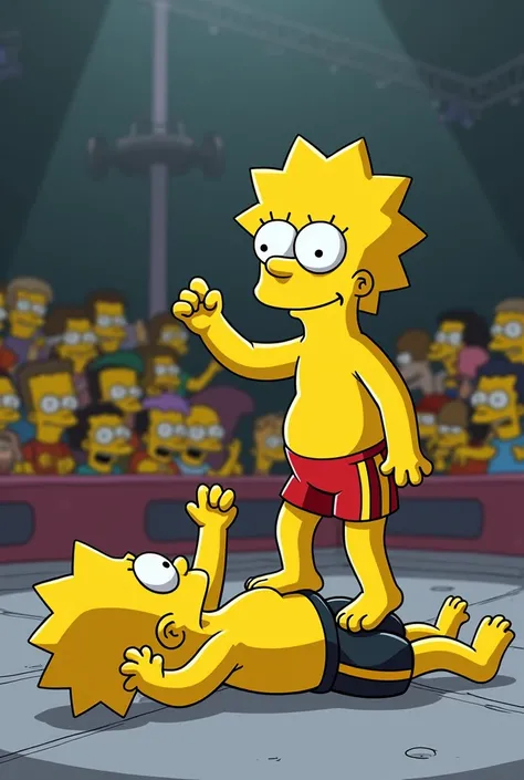 Bart (12 ) wearing black shorts with yellow lines ,  barefoot and shirtless  ,  fighting a black-haired boy  (s )  tournament wearing red shorts with a black line ,  barefoot and shirtless  , at a grappling tournament ,  Bart is lying on the ground , and h...