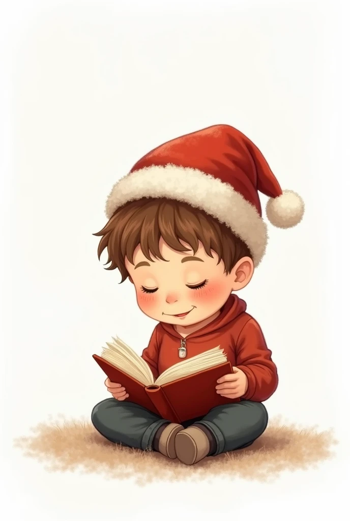 Drawing of cuddly seated boy reading book with Christmas hat on white background
