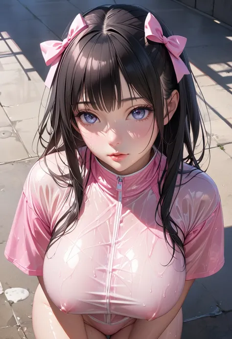 Anime girl in pink wet clothes,  realistic shadows,  detailed skin,  Big Breasts ,  black hair,  hair bow ,  very detailed, 8kの very detailedな顔, Perfect Face Shape, Perfect Lips, Perfect Nose,  correct beautiful eyes , masterpiece,  top quality, Single wom...