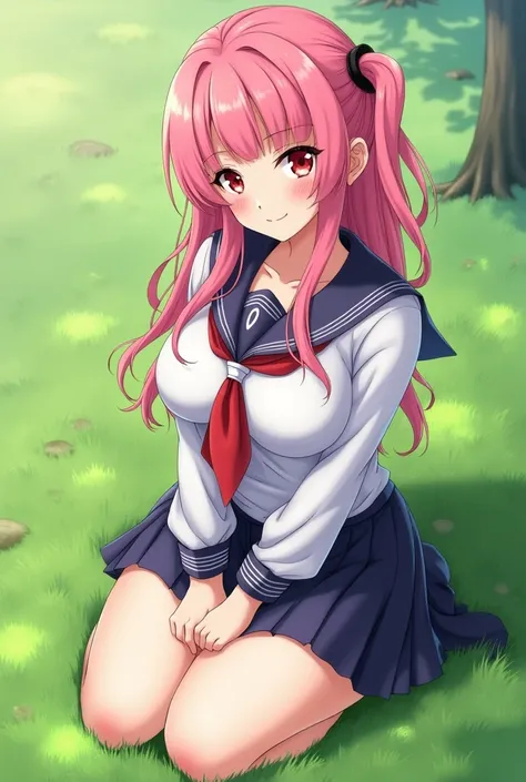 Busty sexy body anime girl with pink hair and red eyes in school uniform what to see full body from head to toe sitting on the grass smiling and 