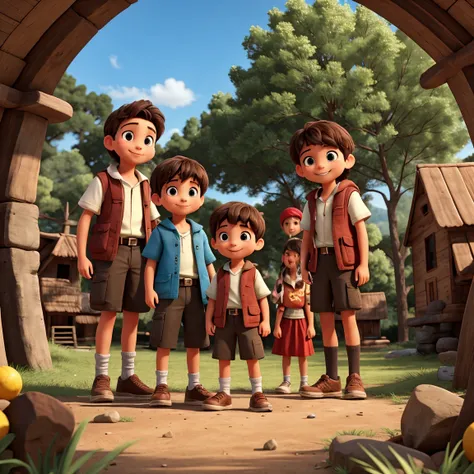 Group of 6 boys and girls playing and smiling. They are dressed like explorers.
In the background there is a forest