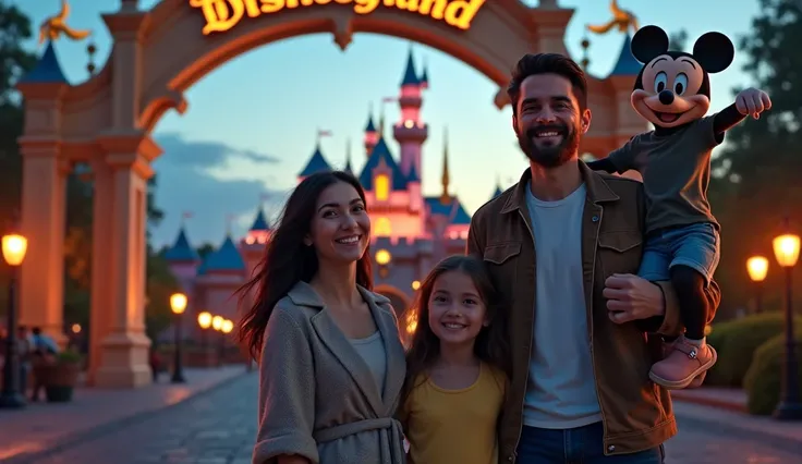 A family standing in front of Disneylands entrance, smiling, with an ominous silhouette watching from a distance, the scene vibrant yet subtly unsettling, in ultra-detailed, realistic photography, 3D