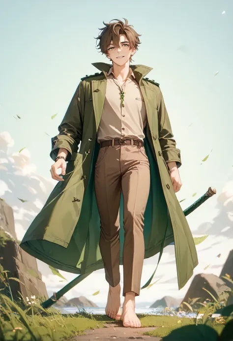 (masterpiece), best quality, expressive eyes, perfect face, 1 big, handsome boy, short long messy hair, brown hair, brown eyes, ((he’s wearing a plain green warriors trench coat fully open revealing plain brown monk pants and plain brown monk shirt)), (bar...