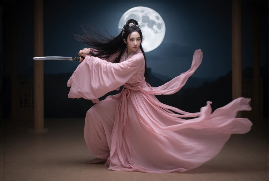 Beautiful lady japanese rapunzel real with very long black hair , dressed in a silk pink dress fighting with a katane in the dojo in the night