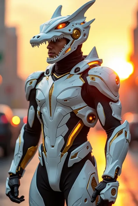 A highly detailed depiction of a young man wearing a futuristic and intricate mecha suit, primarily white with golden accent. The suit features a dynamic, aerodynamic design with glowing accents and mechanical joints, emphasizing agility and speed. His hel...