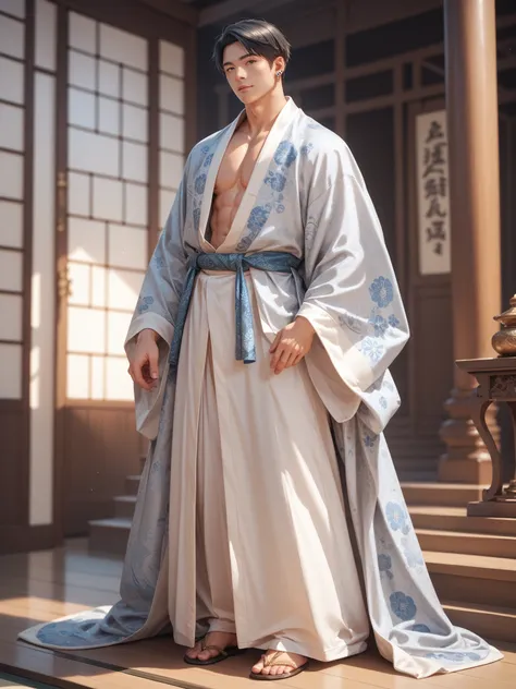 Beautiful asian man with short black hair,  warm skin colour, blue and white ancient robe, small silver piercing in his ear, good looking, full body portrait, cultivator Solo, 