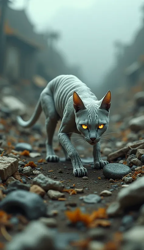 a boneless cat is walking looking for leftovers in the trash in the background at a rubbish dump