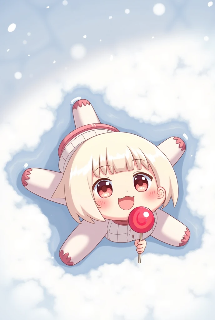 Anime chibi girl big head , cute chibi holding a big lollipop and lying down in a snow angel. Making a snow angel in a snow