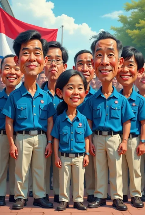 Caricature 4D. Twelve Indonesian men and two Indonesian women standing wearing blue uniforms, cream colored pants facing the camera behind their backs against the central region banner. realistic focus  