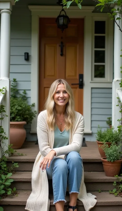 A 38-year-old woman in a long cardigan, sitting on the steps of a charming cottage.