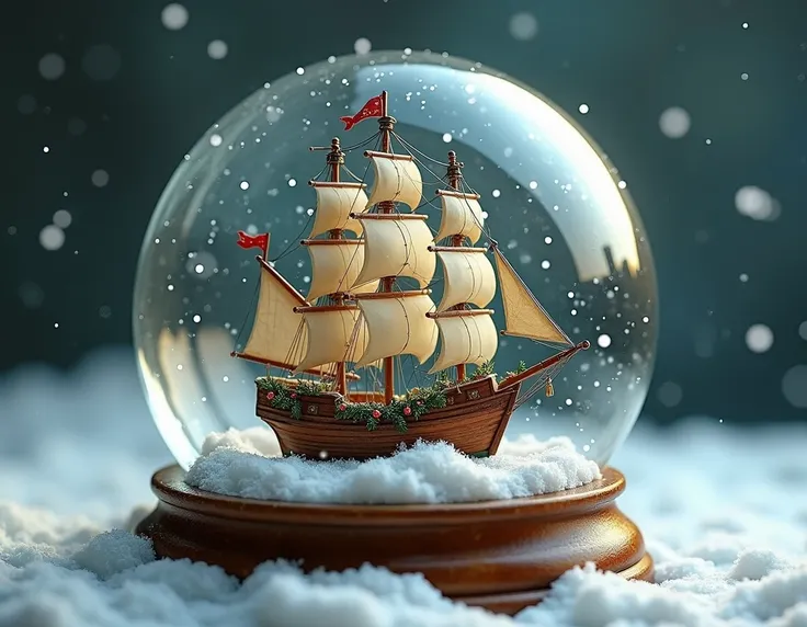 A SNOW GLOBE CONTAINING A VESSEL FOR CONTAINERS AND TRANSPORT WITH CHRISTMAS TONES