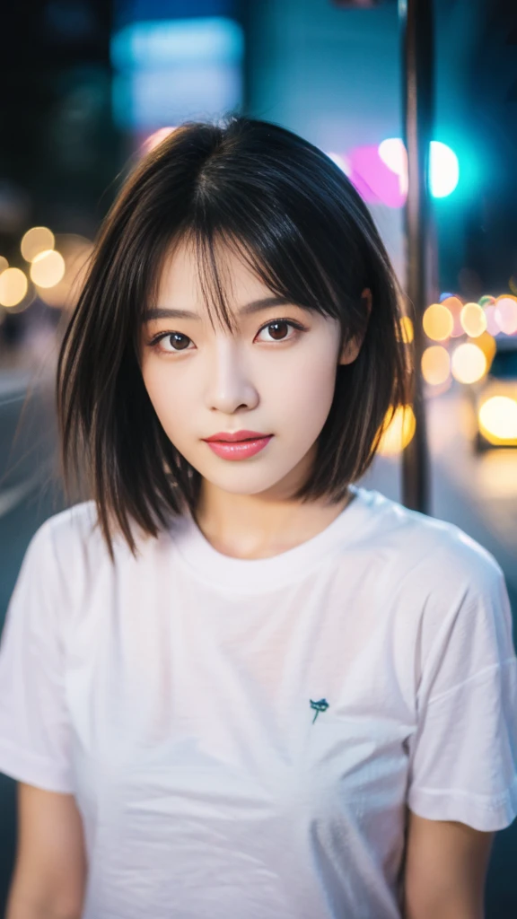 super quality、 ultra high resolution、8k、prety、The most beautiful woman in the world、（ brown bob cut hair:1.5）、Small face、Thin, thin eyebrows 、midnight、street、realistic、（ White t-shirt :1.5）、 jeans 、Sexy Expression 、 sexy pose、