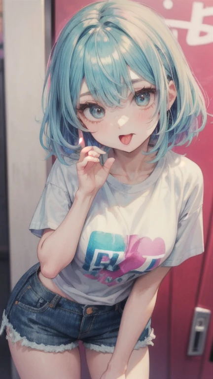  pastel color 美女、 pastel color のTシャツ、 denim shorts、 pastel color のスニーカー、 pastel color 、 pastel color 緑hair、 sticking out the tongue 、 provocative pose with eyes wide open、Comb &#39;hair、 pose where the buttocks stick out 、Raise 3 fingers on your right hand