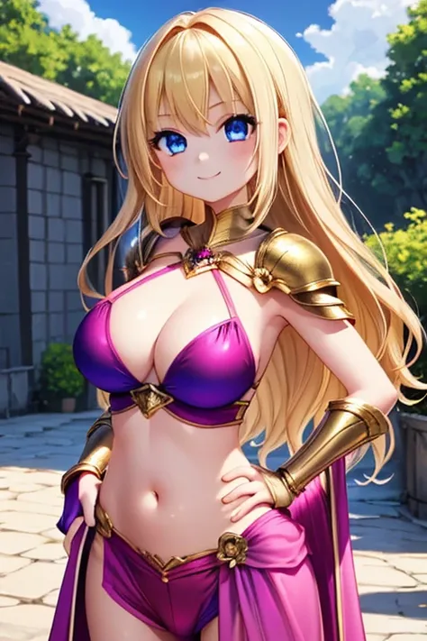 1girl, best quality, looking at viewer, kawaii, shiny skin, shiny clothes, pink costume, crop top, veritical navel, bare stomaccloak, huge breasts, long hair, wavy hair, blonde hair, blue eyes, smile, hand on own hip, closed mouth, outdoors,  