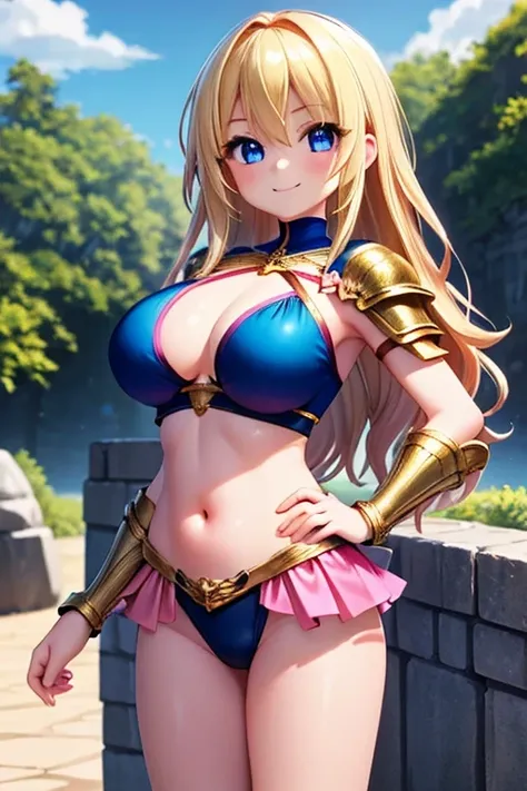 1girl, best quality, looking at viewer, kawaii, shiny skin, shiny clothes, pink costume, crop top, veritical navel, bare stomaccloak, huge breasts, long hair, wavy hair, blonde hair, blue eyes, smile, hand on own hip, closed mouth, outdoors,  