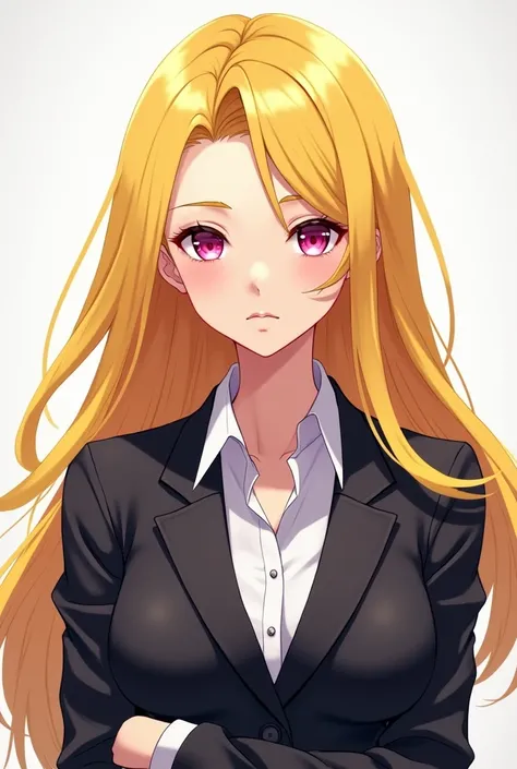 Yellow-haired woman in suit with pink eyes anime