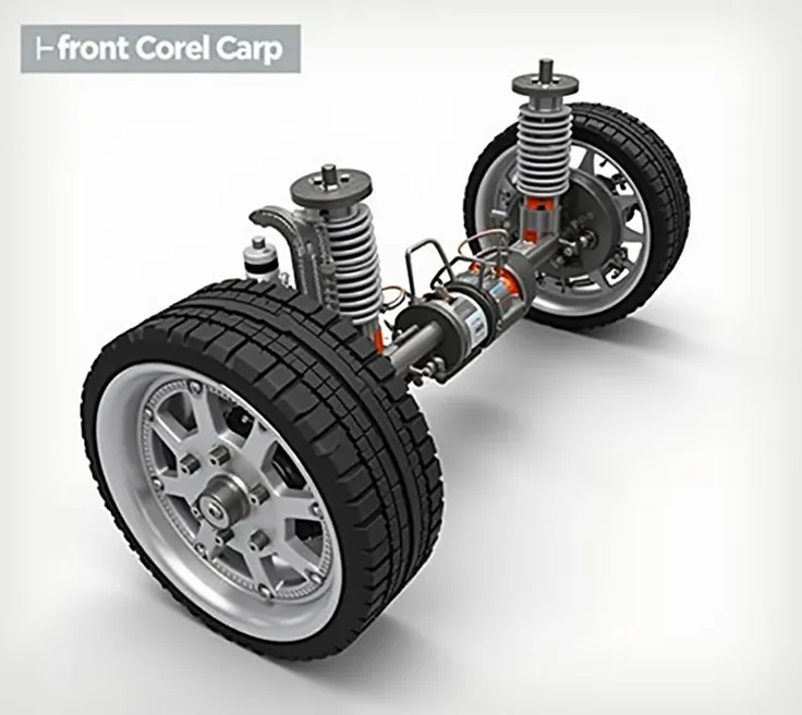 Front axle with steering, suspension and shock absorber on white background 3D illustration gray background