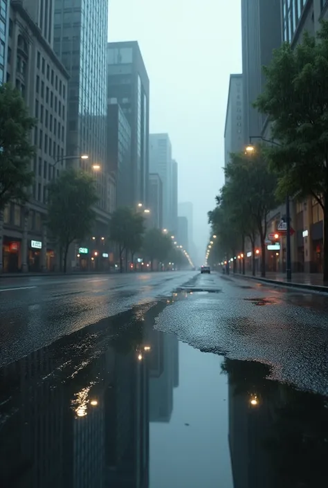 Raining city background in road