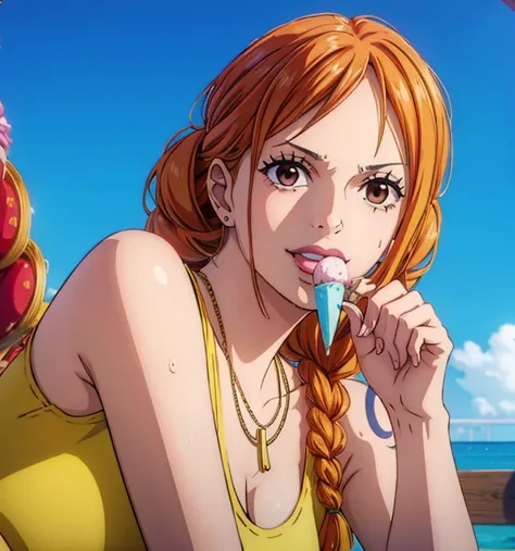 (masterpiece, top quality, 4K, 8k,   high definition  , 最高masterpiece:1.2),  super detailed, ( realistic , photo realistic , photo- realistic :1.37),   Maintaining Anime Style  ,  Nami in One Piece, pale orange hair hidden in thick grass ,(Beautiful hairst...