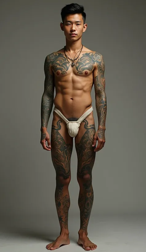 (Show full body portrayal of one male handsome from Cambodian) (detail face angular) (17-years-old)(slender) (oriental) (tallish) (Show 2 leg detail) (show hard cock ) (dark  skin) (full fix body tattoo)
