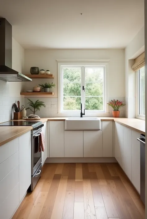 Create a white, wood-colored kitchen shaped in a u , with a small peninsula is a window above the dishwasher on the left side and with silestone on the wall followed by the counter 