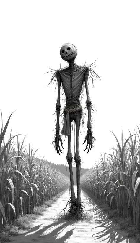 "Generate a scarecrow in a field surrounded by corn, drawn entirely in black-and-white line art."