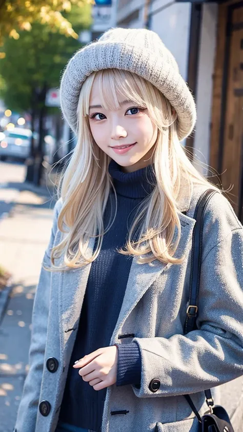 18 year old Japanese female、 platinum blonde、 semi-long、 my hair is wavy 、smile、 slim and muscular body 、 I dont want my head to disappear from the screen。.、 wearing a high neck sweater、Wear a duffle coat、 gloves 、、 Wear a wool hat  、I&#39;m wearing a scar...