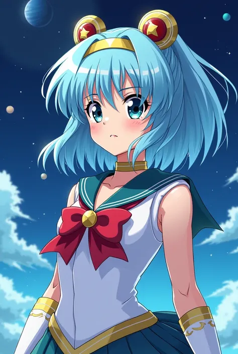 Create an 18 year old anime girl she is supposed to be a sailor warrior from the anime Sailor Moon and be the sailor warrior of starlight she should have light blue shoulder long hair with green highlights and the golden headband which is common with sailo...