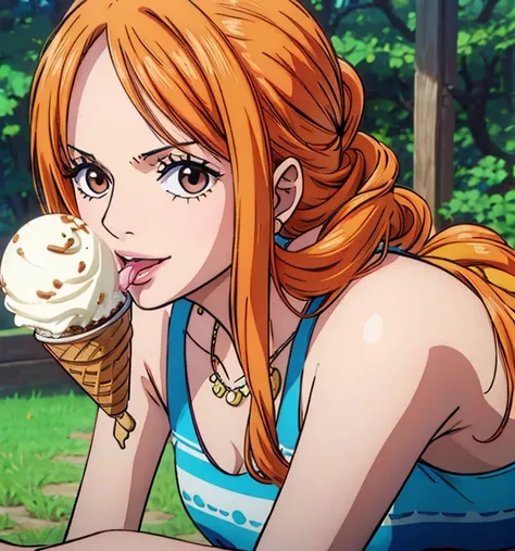 (masterpiece, top quality, 4K, 8k,   high definition  , 最高masterpiece:1.2),  super detailed, ( realistic , photo realistic , photo- realistic :1.37),   Maintaining Anime Style  ,  Nami in One Piece, pale orange hair hidden in thick grass ,(Beautiful hairst...