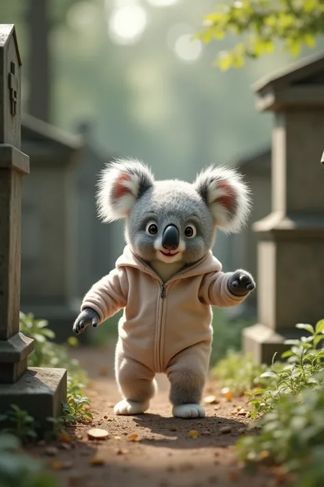 Koala dancing in baby clothes in a cemetery