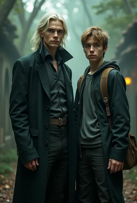 Draco Malfoy from Harry Potter and Newt from Maze Runner zsm in one picture,  realistic, Both 18 in the picture