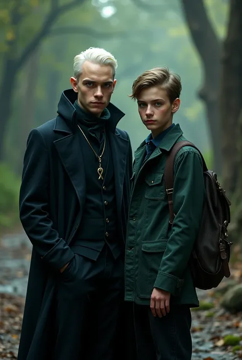 Draco Malfoy from Harry Potter and Newt from Maze Runner zsm in one picture,  realistic, Both 18 in the picture